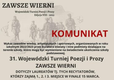 Kultura: Finał VIII edycji Wojewódzkiego Turnieju Poezji i Prozy „Zawsze Wierni”